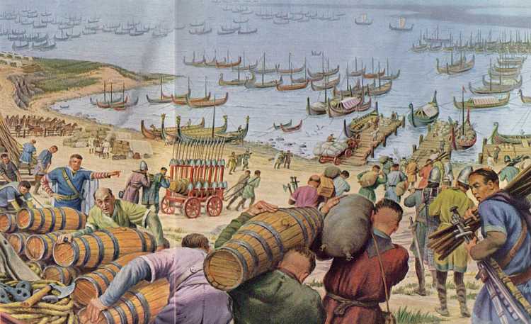 William's fleet embarks for Pevensey